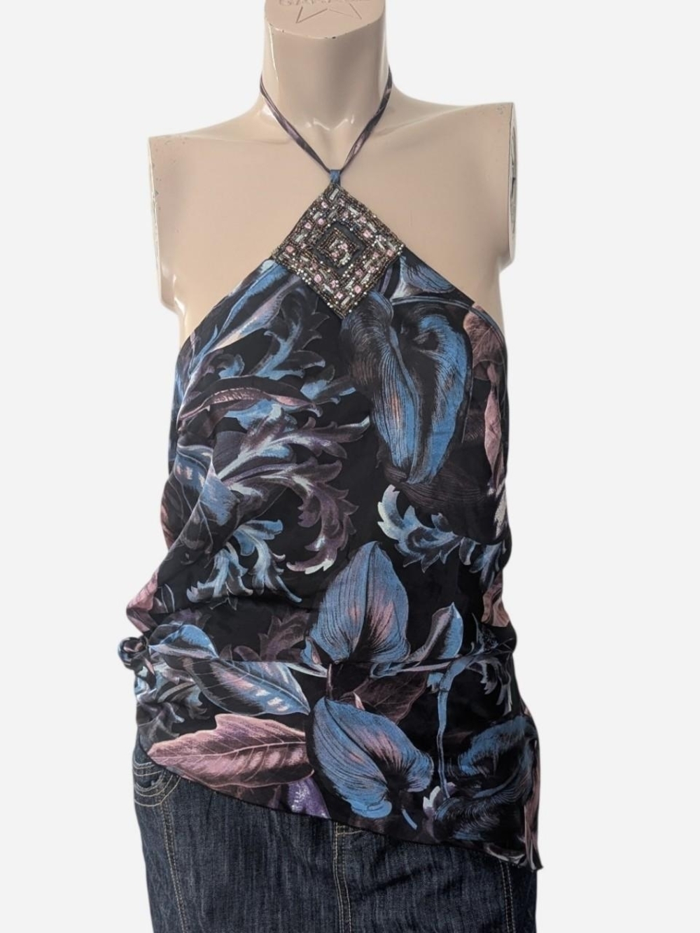 le chateau Black Floral Halter Camisole with Blue and Pink Accents